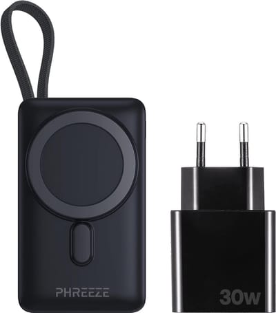 Phreeze PBMS - Powerbank 10000 mAh - Powerbank geschikt voor MagSafe - Draadloos opladen - Met vaste kabel - usb C - uitklapbare telefoonstandaard- snellader - usb C oplader - klein - dun - magnetisch - vliegtuig - veilig - gecertificeerd - zwart