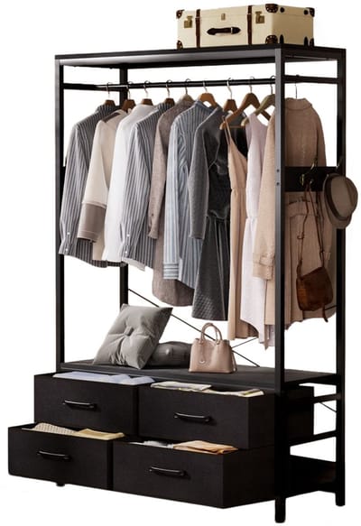 Casamoda Kledingkast met Laden - 100 x 40 x180 cm - Kledingrek - 4 grote lades - 4 haken en 1 kledingstang - Draagkracht 150 kg - Garderobekast - Kapstok - Zwart/Zwart