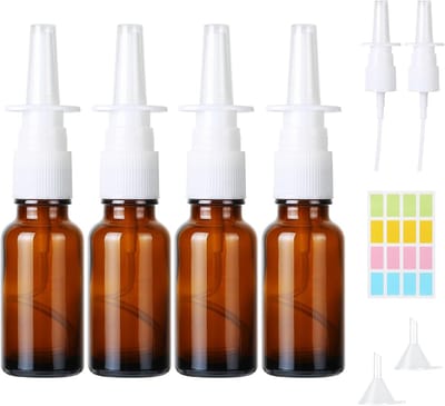 Famanu – 4 Stuks Neusspray Fles, 20ml Bruin Glas Lege Neusnevel, Neussprayfles Navulbare Neusverstuiver, Neusspray Flesjes met Trechter en Labels voor Parfum, Essentiële Oliën, Zoutoplossing