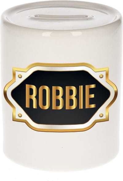 Spaarpot met voornaam Robbie - wit - met goud/zwart embleem - 8 x 9 cm - keramiek - met afsluitdop - cadeau verjaardag