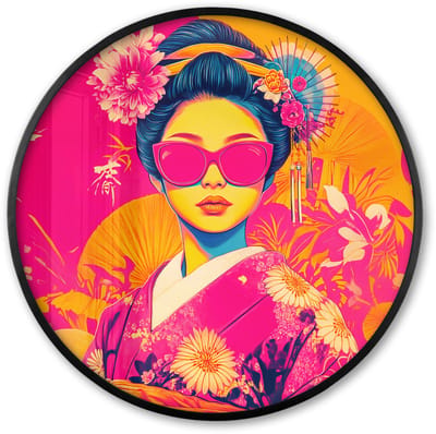 Poster in lijst Rond - Fotolijst 60x60 cm - Posters - Vrouw - Zonnebril - Abstract - Oranje - Ronde posterlijst zwart - Decoratie - Wanddecoratie woonkamer - Muurdecoratie slaapkamer