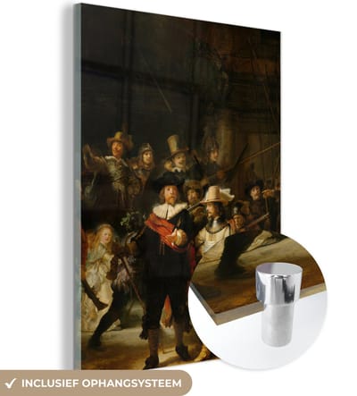 MuchoWow® Glasschilderij 120x160 cm - Schilderij acrylglas - De Nachtwacht - Schilderij van Rembrandt van Rijn - Foto op glas - Schilderijen