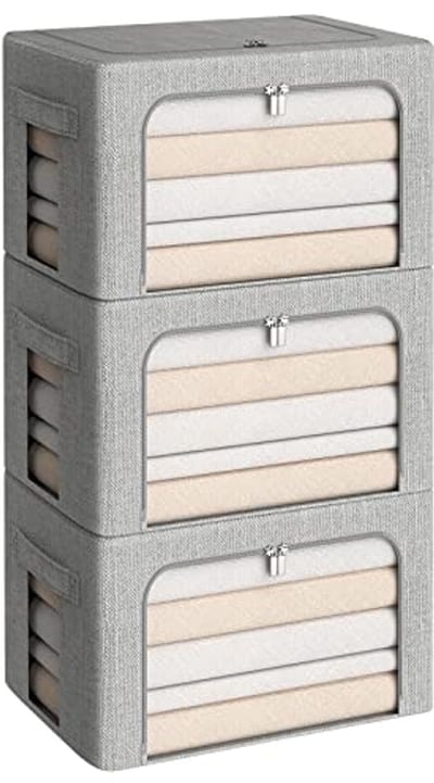 Opvouwbare Opbergbakken - Stapelbare Kleding Organizer met Duidelijk Venster en Handgrepen - 36L (Medium, Lichtgrijs)