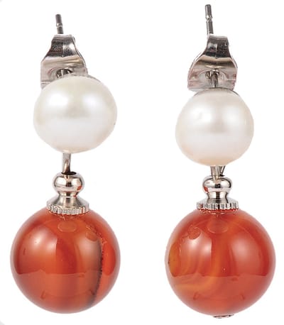 Zoetwaterparel met edelstenen oorbellen Pearl Stud Red Agate - oorstekers - echte parels - agaat - wit - rood - sieraden zakje