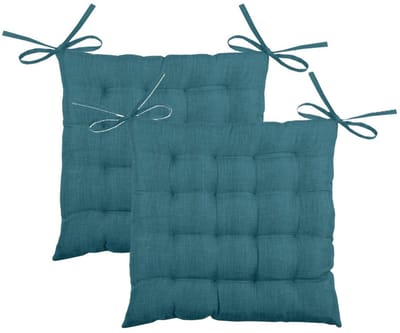 Stof Textile stoelkussen BEA - 2x - petrol blauw - 40 x 40 x 4 cm - touwtjes sluiting - binnen/buiten - zitkussens plat