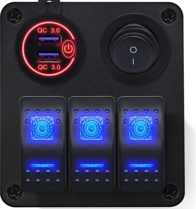 ProRide Schakelpaneel 12V voor Auto/Boot - USB Lader 2 Poorten met Schakelaar - QC3.0 - PUSB1QC-R - 3 schakelaars
