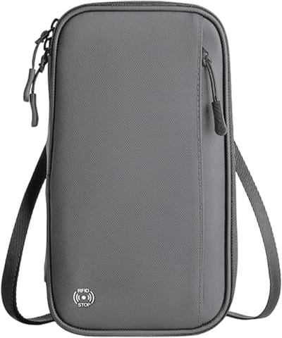 longziming -RFID-Blokkerende Reis Paspoort Portemonnee – Familie Reisdocumenthouder met 4 Paspoortvakken & 11 Kaartsleuven – PU Leer – Met Polsband & Schouderriem – Grijs – 23×13×3 cm – 1 Stuk