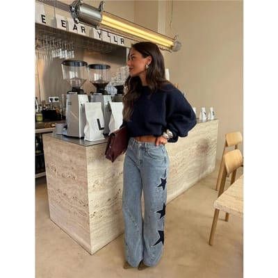 Mode Dames Nieuwe Casual Vijfpuntige Ster Losse Rechte Jeansbroek S blauw
