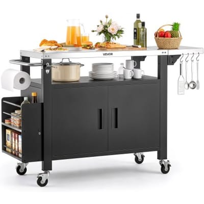 VEVOR Outdoor Grillwagen met opbergkast, 140 cm grilltafel met roestvrijstalen blad, plank, wielen en handdoekhouder, keukenwagen & serveerwagen voor terras, tuin, bar en barbecue.