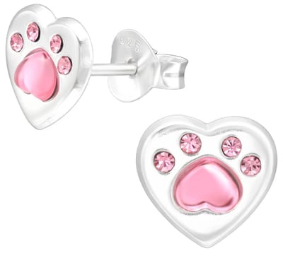 Joy|S - Zilveren hartje oorbellen - met dierenpoot roze met kristal - 8 x 7 mm - poot afdruk