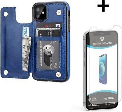 ShieldCase Wallet case geschikt voor Apple iPhone 12 Mini - 5.4 inch - ruimte voor pasjes - pasjeshouder - portemonnee - blauw + glazen Screen Protector