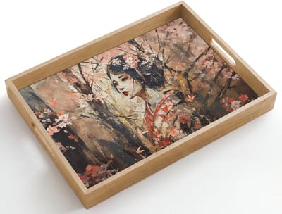 Dienblad hout 50x35 cm - Schootdienblad - Kimono - Vrouw - kersenbomen - Borrelplank rechthoek - Plateau dienbladen