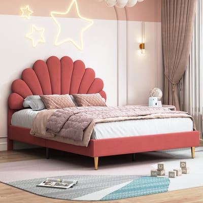 140x200cm Tweepersoonsbed Met Bloemvormig Hoofdbord, Luxe Fluwelen Stoffering, Comfortabel En Stijlvol, Rood