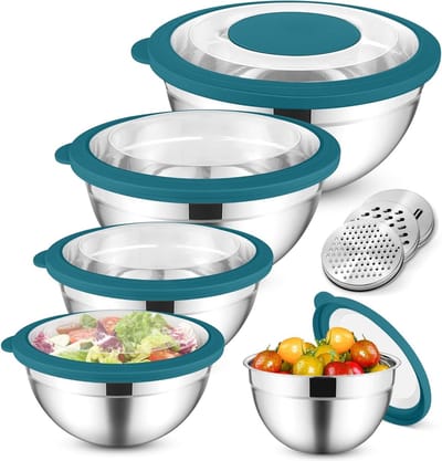 Set van 5 RVS Mengkommen met Transparante Luchtdichte Deksel en 3 Raspaccessoires voor Koken en Bakken, Ideaal voor Salades en Bereidingen van 0.7 L tot 4.5 L