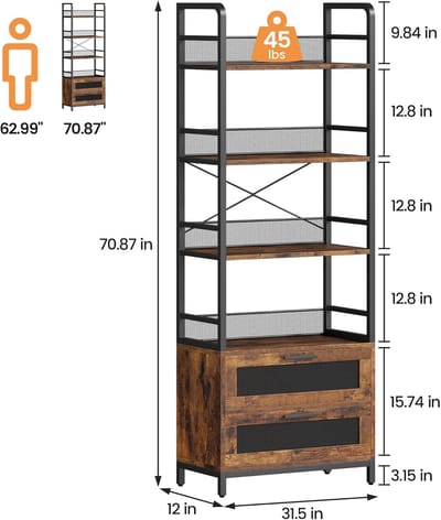 Industriële wandkast met lades–4 open schappen voor boeken en decoraties – Rustieke houten en metalen kast met beschermende rails – Voor slaapkamer- woonkamer of kantoor–Vintage kleur