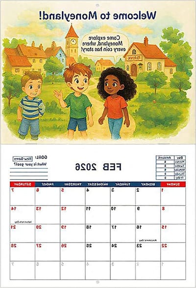 Kinder Kalender 2026 - Maandplanner Educatief - Geld Leren - Kleurrijke Illustraties - 28.5 x 21 cm - Multicolor