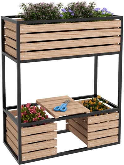 Plantenbak - Verhoogd Tuinbed - Bloembak - Bloemenstandaard - 3 Plantenbakken - Weerbestendig - Plantenbed - Kweekbak - Moestuinbak - voor Buiten, Terras, Tuin & Balkon - voor Groenten, Bloemen & Kruiden - 83 x 39 x 100 cm - Naturel + Zwart