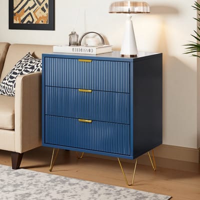 Blauwe Ladekast met 3 Lades 60x40x70 cm – Moderne Commode met Gouden Poten, Nachtkastje of Opbergkast voor Slaapkamer en Woonkamer