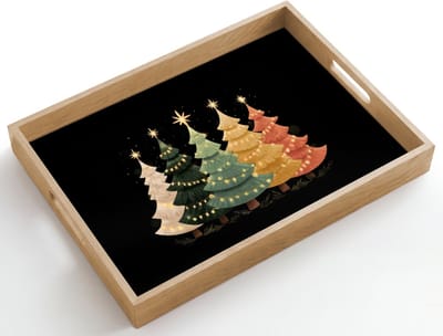 Dienblad hout 50x35 cm - Schootdienblad - Kerstbomen - Kleurrijk - Lichtjes - Ster - Borrelplank rechthoek - Plateau dienbladen