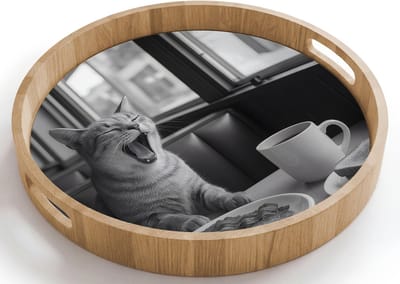 Dienblad rond 40x40 cm - Schootdienblad hout - Kat - Koffie - Brood - Zwart - Borrelplank rechthoek - Plateau houten dienbladen