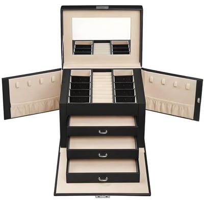 Ochama 4-laags sieradendoos met handvat, 3 lades, sieradendoos met spiegel, slot, sieradenopslag, kerst, klassiek zwart