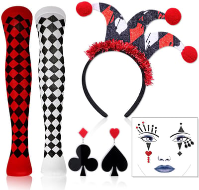 Dailygoods- Kostuumaccessoires Set - Hartkoningin Hoofdband - Gezichtstatoe - Oorbellen - Kousen - Flamboyante Hoed - Carnavalskostuum