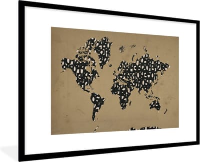 Fotolijst incl. Poster - Wereldkaart - Cijfers - Bruin - 90x60 cm - Posterlijst