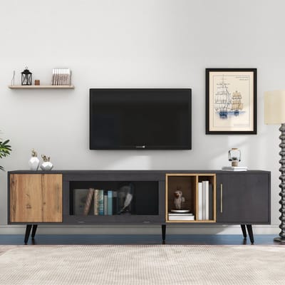 Pugsdrly Elegante tv-kast, 200x40x55,5 cm, donker hout, grijs en houtnerf, geschikt voor een 90-inch tv