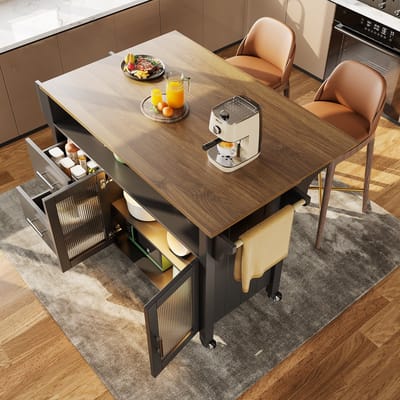MODENUIT Keukeneiland - Inklapbaar Werkblad, LED En Wielen - Voor Keuken En Eethoek - MDF - Zwart - 139x40x94 Cm