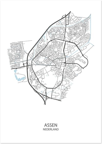 De Lange Koe Poster - Assen Plattegrond - 42 X 29.7 Cm - Wit