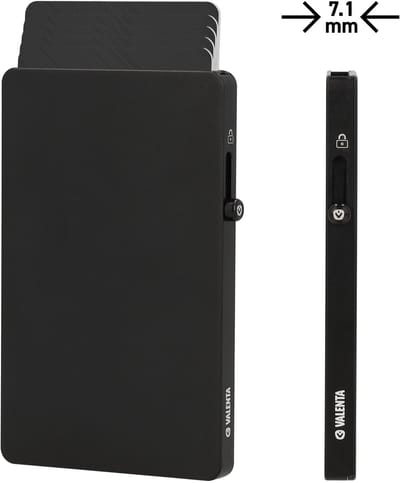 Valenta - Ultradunne Pasjeshouder MagSafe Uitschuifbaar - Zwart - 7.1 mm dun - max. 5 kaarten - Sterke Magnetische Kaarthouder - Aluminium - RFID NFC - EXTRA kaartbeveiliging - Geschikt voor MagSafe