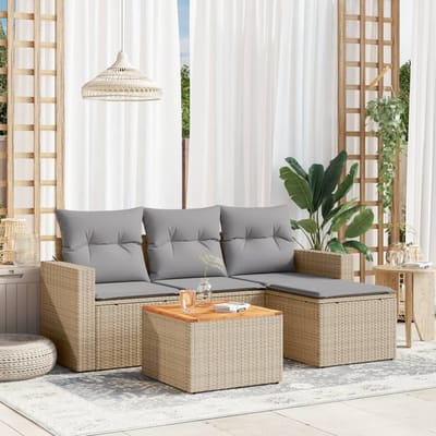 vidaXL - 5-delige - Loungeset - met - kussens - poly - rattan - beige