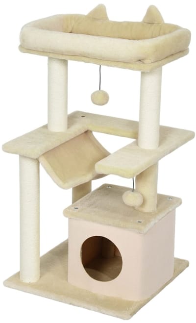 Kattenboom - 48 x 48 x 90 cm - Krabpaal met Speelgoed, Zitstaaf, Hangmat - Creme