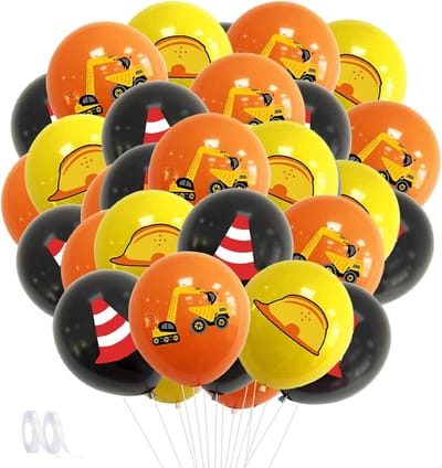 Allecto Plus - 24-pack Ballonnen 12 inch Constructie Thema Feest Oranje Geel Zwart Beschermende Helmen Afzethek Print Latex Ballonnen