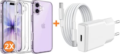 USB C Adapter - USB C Oplader 20W Met USB C Kabel 1M - Hoesje Geschikt voor iPhone 17 transparant Anti Shock silicone met 2x screenprotector- Ntech COMBI-SET