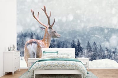 Behang - Fotobehang Winter - Hert - Dieren - Breedte 330 cm x hoogte 220 cm