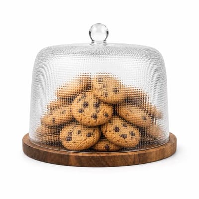 Dia – glazen stolp met plateau – geribbeld – Ø28 cm – helder glas en acaciahout – voor koekjes
