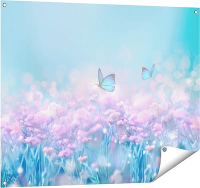 Gards Tuinposter Twee Blauwe Vlinders bij Roze Bloemen - 100x80 cm - Tuindoek - Tuindecoratie - Wanddecoratie buiten - Tuinschilderij