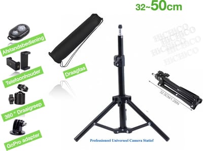 Mini Statief 50cm Voor Smartphone, Actioncam, GoPro, Fotocamera en Spiegelreflexcamera Inc. Bluetooth Afstandsbediening, Telefoonhouder, 360 ° Mini Bal Head en GoPro Adapter - Smartphone Statief - Camerastatief - Tripod - Light Stand – HiCHiCO®