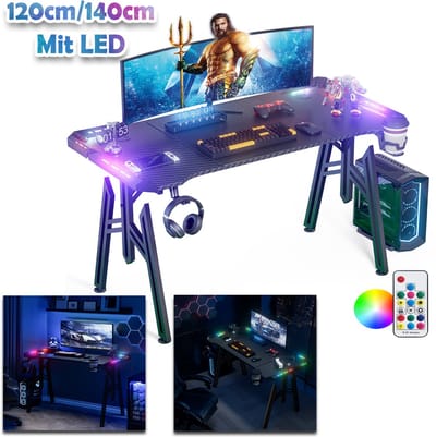 Gaming bureau ergonomisch bureau gaming met led zwarte tafel gaming pc-tafel met koolstofvezel coating met bekerhouder en hoofdtelefoonhaak 140 x 60 x 73 cm M poten