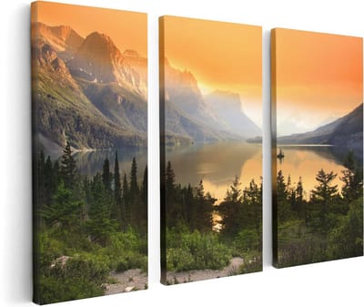 Artaza Canvas Schilderij Drieluik Bergen Met Een Meer In Nationaal Park Glacier - 120x80 cm - Wanddecoratie Woonkamer - Schilderijen - Muurdecoratie