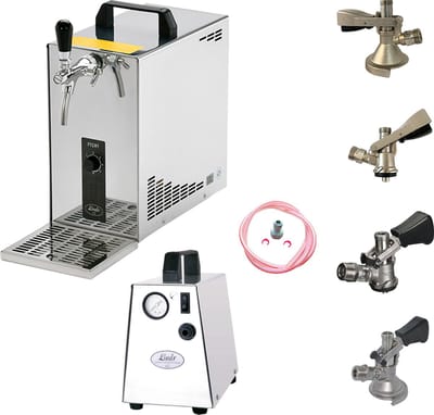 Complete Set - Biertap PYGMY 25, 1-kraans - Droogkoeler, 35 liter/uur - Bierkoeler - met Set van 4 Fustkoppeling en Perslucht compressor