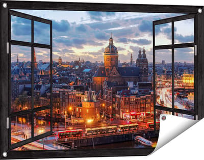 Gards Tuinposter Doorkijk Amsterdam Centrum Luchtfoto Zonsondergang - 90x60 cm - Tuindoek - Tuindecoratie - Wanddecoratie buiten - Tuinschilderij
