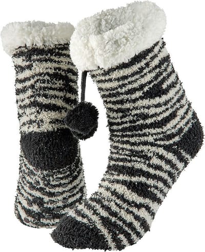 Apollo Huissokken/slofsokken + zebra print - zwart - dames - anti-slip - fleece - one size - 36/41