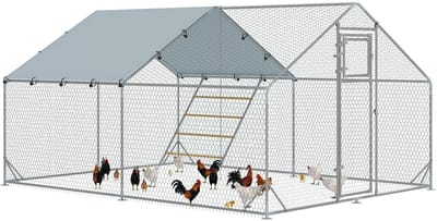 PawHut Hühnerstall Freilaufgehege aus Stahl, 3 x 4 x 1,95 m Hühnerkäfig mit UV-beständiger Abdeckung, Futtertür, Hängefütterung, Sitzstange, Hühnergehege für 12-18 Hühner, Kleintiere, Silber