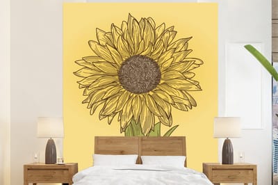 Behang - Fotobehang Illustratie van een zonnebloem op een gele achtergrond - Breedte 225 cm x hoogte 280 cm