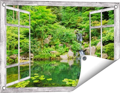 Gards Tuinposter Doorkijk Panorama van Japanse Tuin - 60x40 cm - Tuindoek - Tuindecoratie - Wanddecoratie buiten - Tuinschilderij
