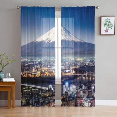 Tokyo Top View Zonsondergang Met Mount Fuji Chiffon Transparante Gordijnen voor Woonkamer Slaapkamer Decoratie Raam Voiles Tule Gordijn 135W x 114H(cm) gray