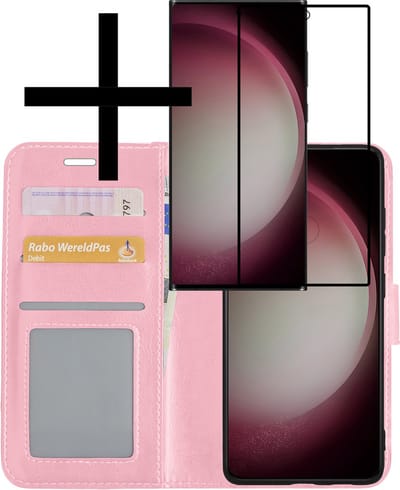 Hoesje - Met Screenprotector - Geschikt voor Samsung Galaxy S23 Ultra - Luxe Pasjeshouder - Bookcase Portemonee - Flip Case - Kunstleer Book Case - Flipcase - Book Cover - Walletcase - Portemonneehoes - Lichtroze