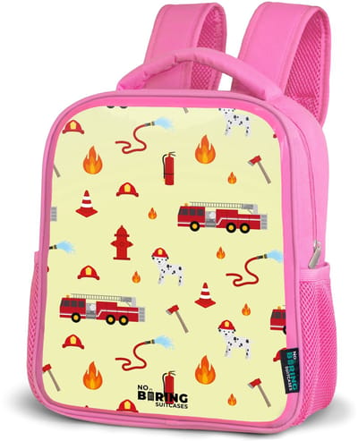 NoBoringSuitcases.com® - Rugzak roze - Schooltas meisjes - Brandweer patroon met voertuigen en vlammen - Kinder rugtas meisje - Boekentas kind - Kinderrugzak voor school - Schoolrugzak